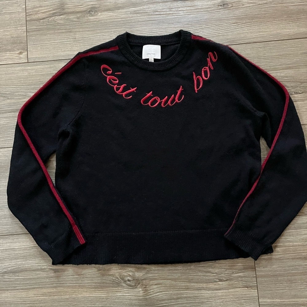 Cinq à Sept Black and Red Crew Neck Sweater